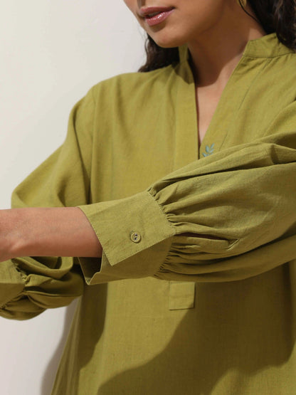 trueBrowns Pear Green Cotton Linen Kurta Pant Set