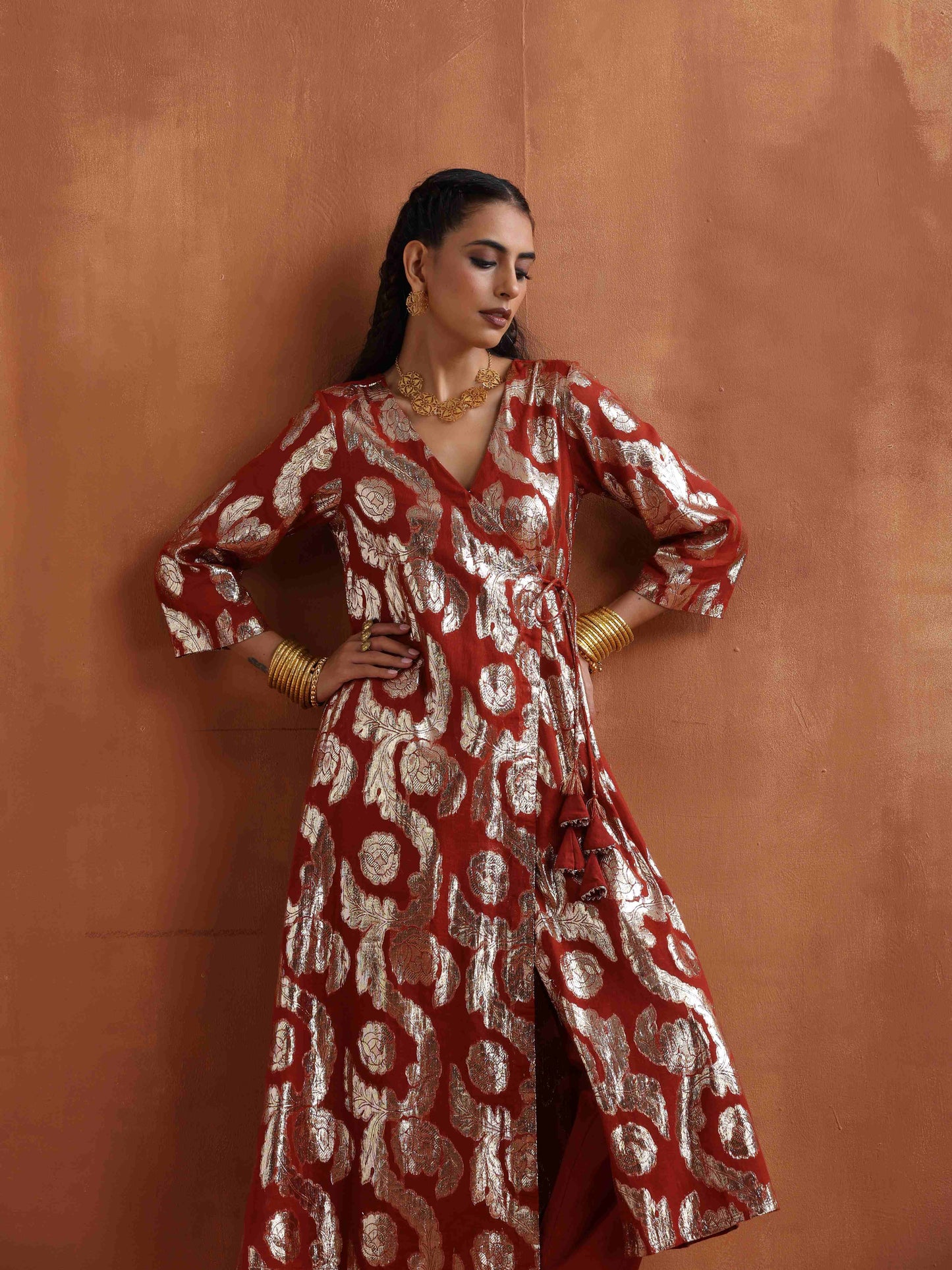 trueBrowns Rust Metallic Angrakha Kurta Set