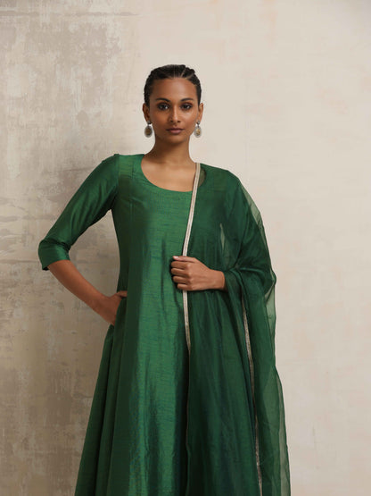 trueBrowns Dark Green Anarkali Kurta Pant Dupatta Set