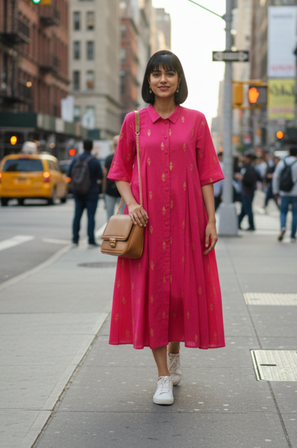 Maati  Sunlit Pink Cotton Box Pleat Button Down Shirt Dress