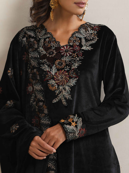 trueBrowns Black Velvet Floral Embroidered Kurta Pant Dupatta Set