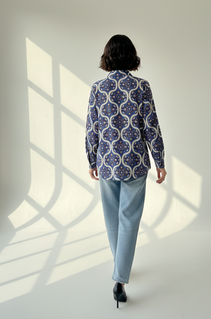 Maati  Tribal Blue Cotton Button Down Shirt