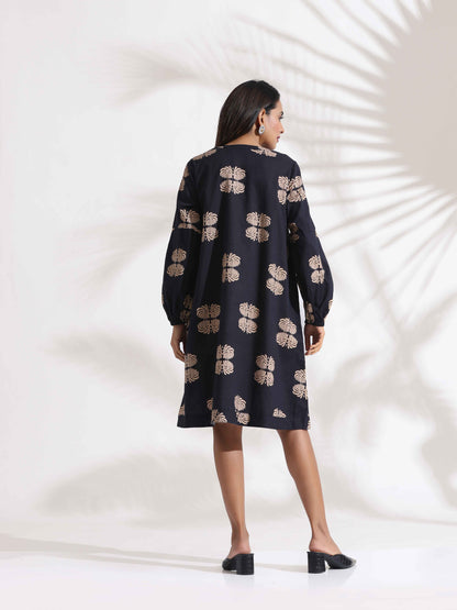 trueBrowns Black Cotton Print Short Dress