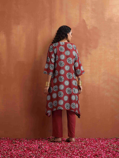 trueBrowns Maroon Print A-line Kurta Co-ord Set