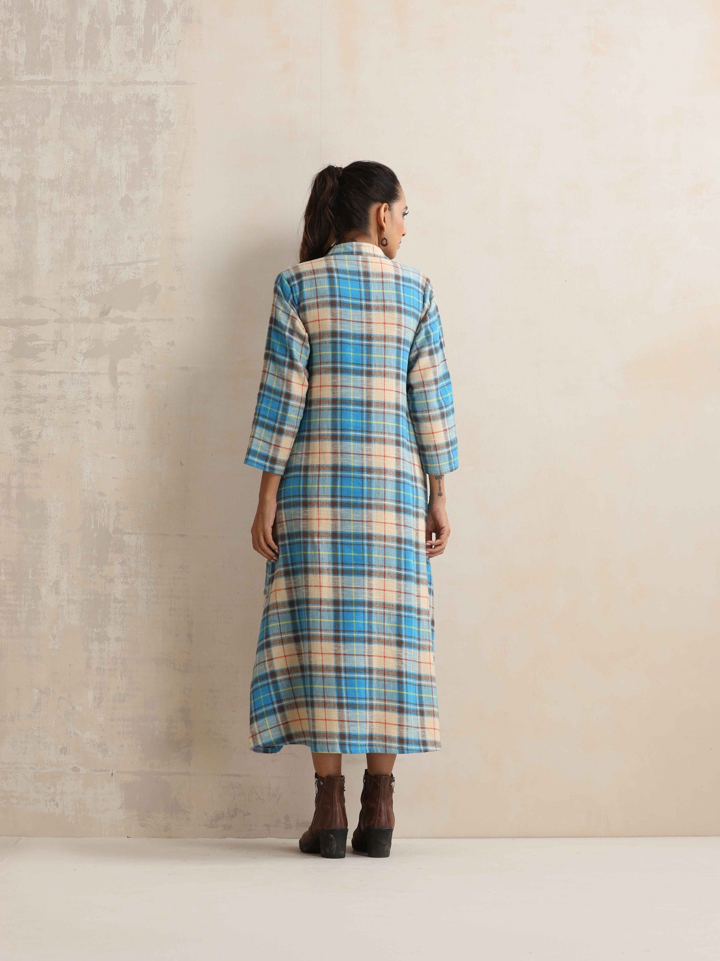 trueBrowns Beige Check Flared Winter Dress