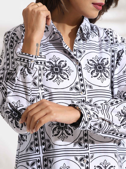 trueBrowns White Cotton Print Shirt Dress