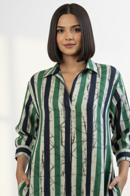 Maati  Jade Bands Cotton Collar Box Pleat Kurta