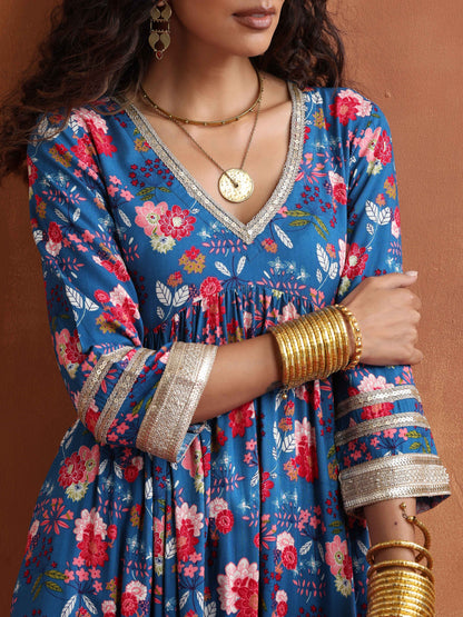 trueBrowns Blue Print Flared Anarkali Kurta Set