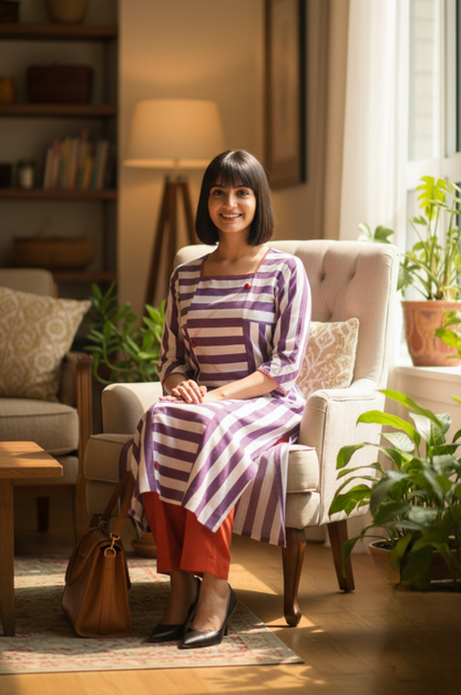 Maati  Lavender Stride Cotton Square Neck Panelled Long Kurta