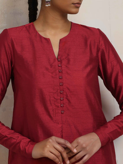 trueBrowns Red Silk Kurta Co-ord Set