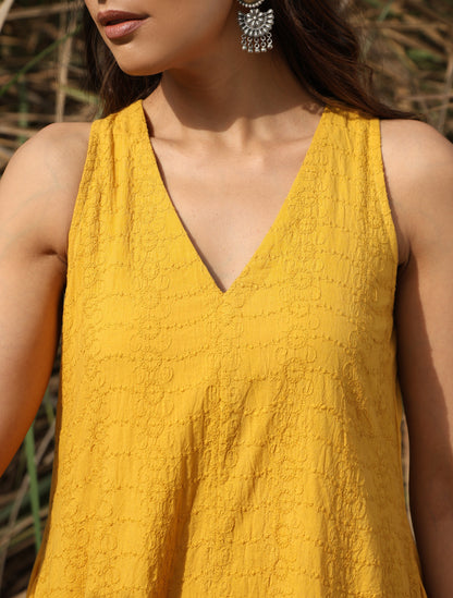 trueBrowns Mustard Cotton Embroidered Flared Dress