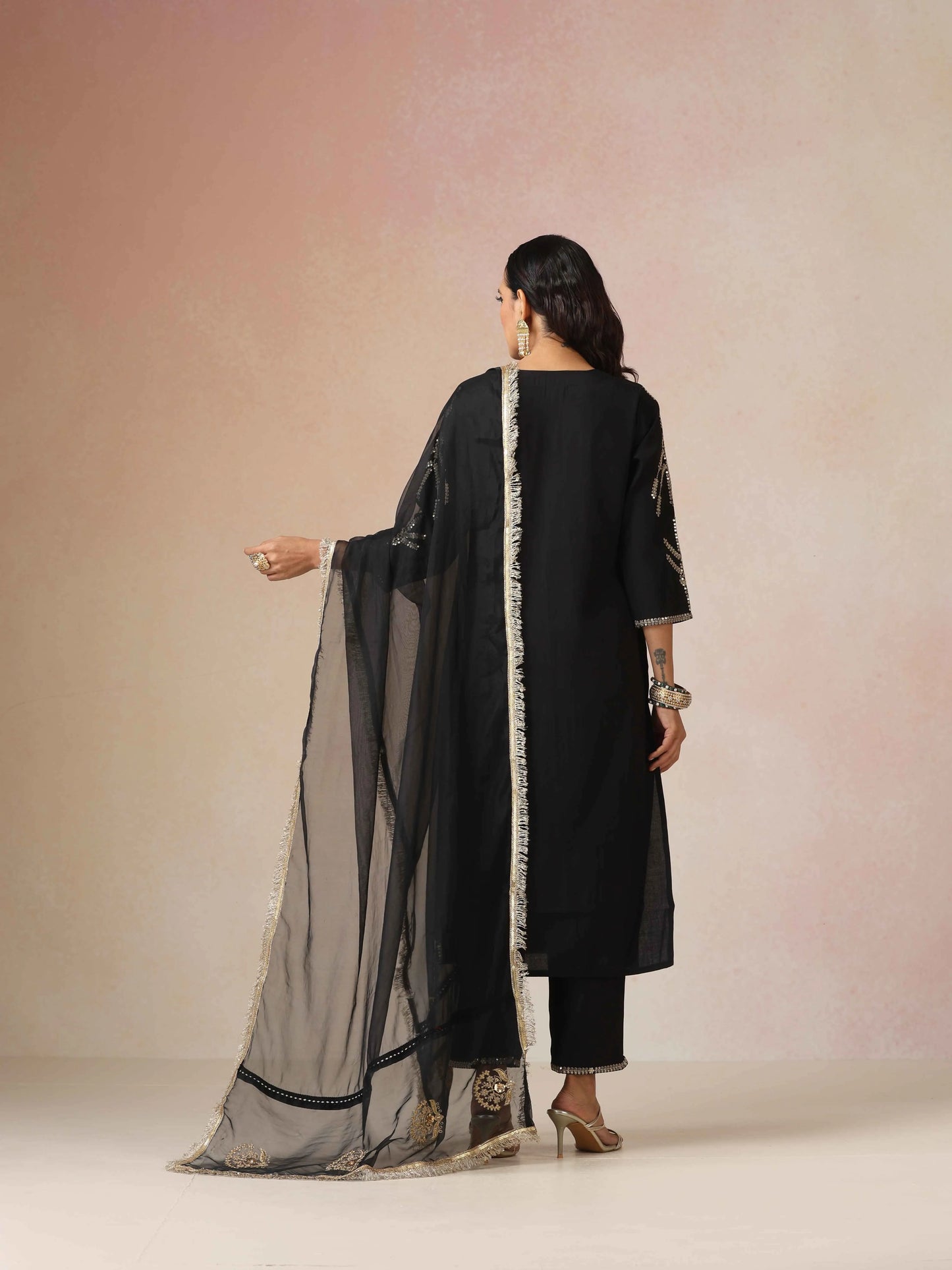 trueBrowns Black Embroidered Kurta Pant Dupatta Set