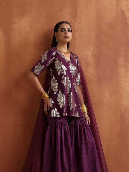 trueBrowns Purple Metallic Sharara Dupatta Set