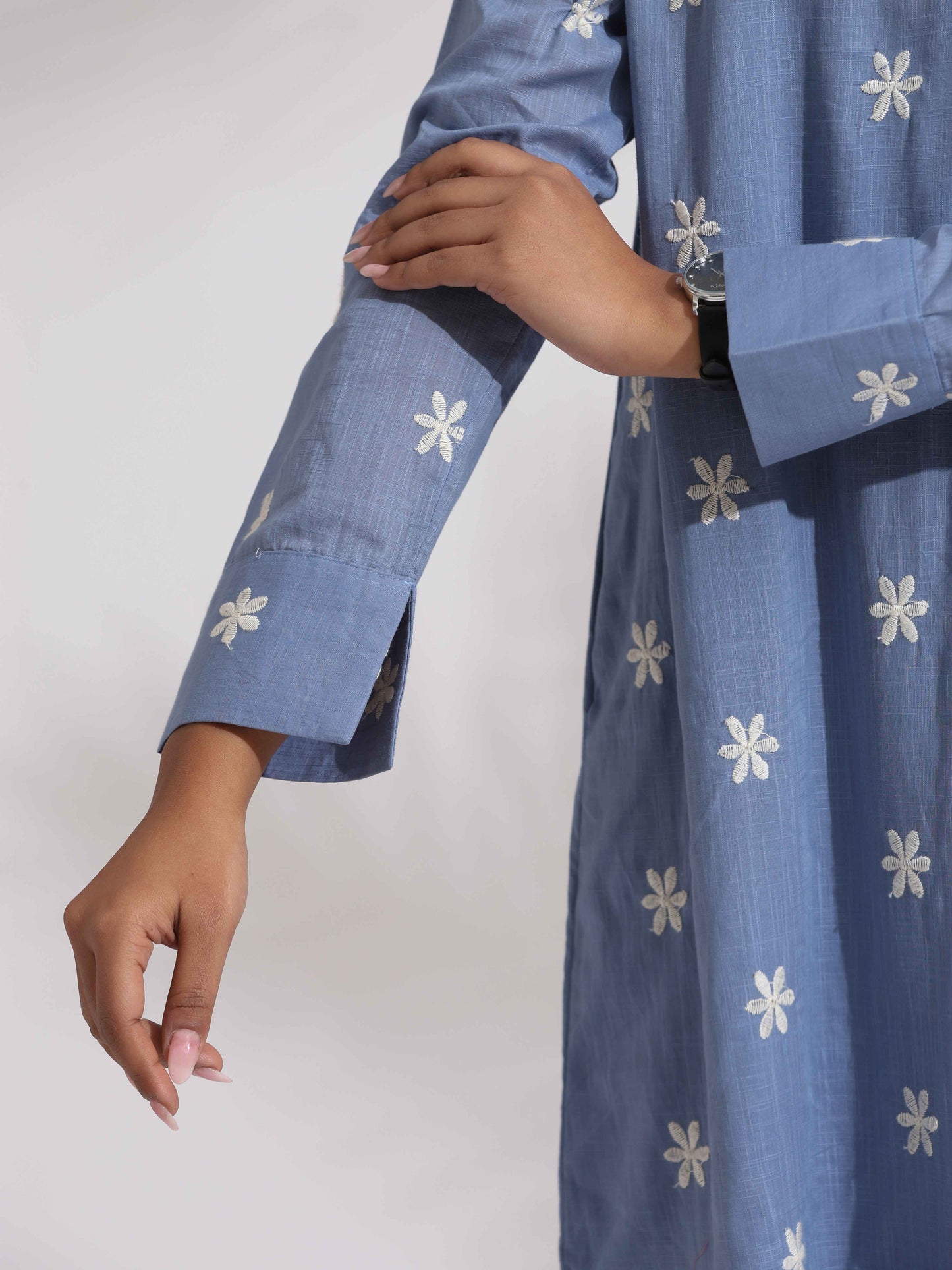 trueBrowns Blue Cotton Floral Embroidered Dress