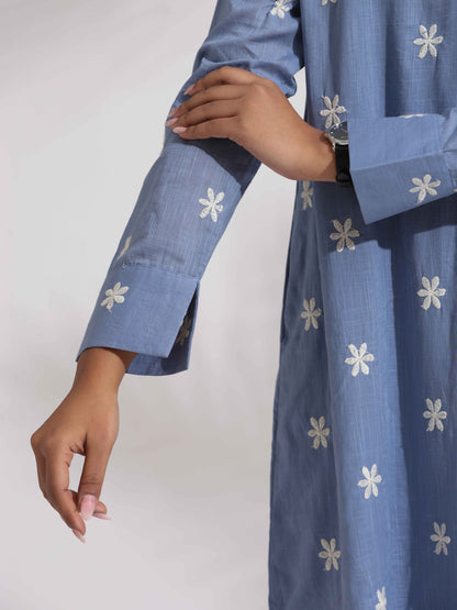trueBrowns Blue Cotton Floral Embroidered Dress