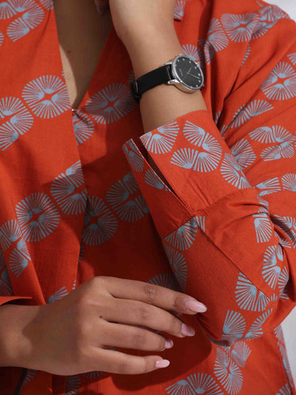 trueBrowns Orange Cotton Print  Co-ord Set