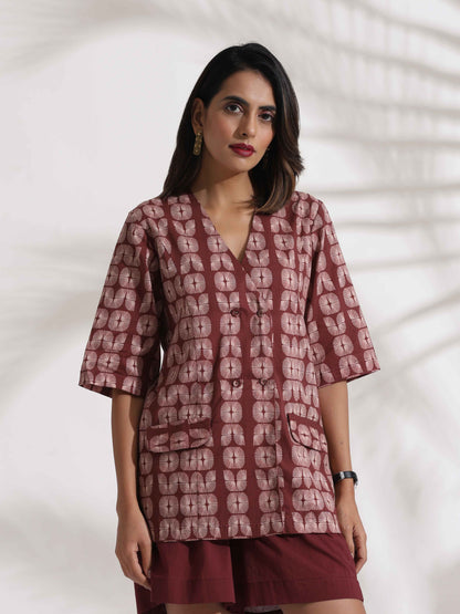 trueBrowns Brown Cotton Print Jacket Top & Short Co-ord Set