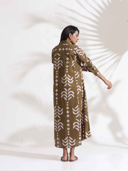 trueBrowns Olive Green Cotton Print Shirt Dress