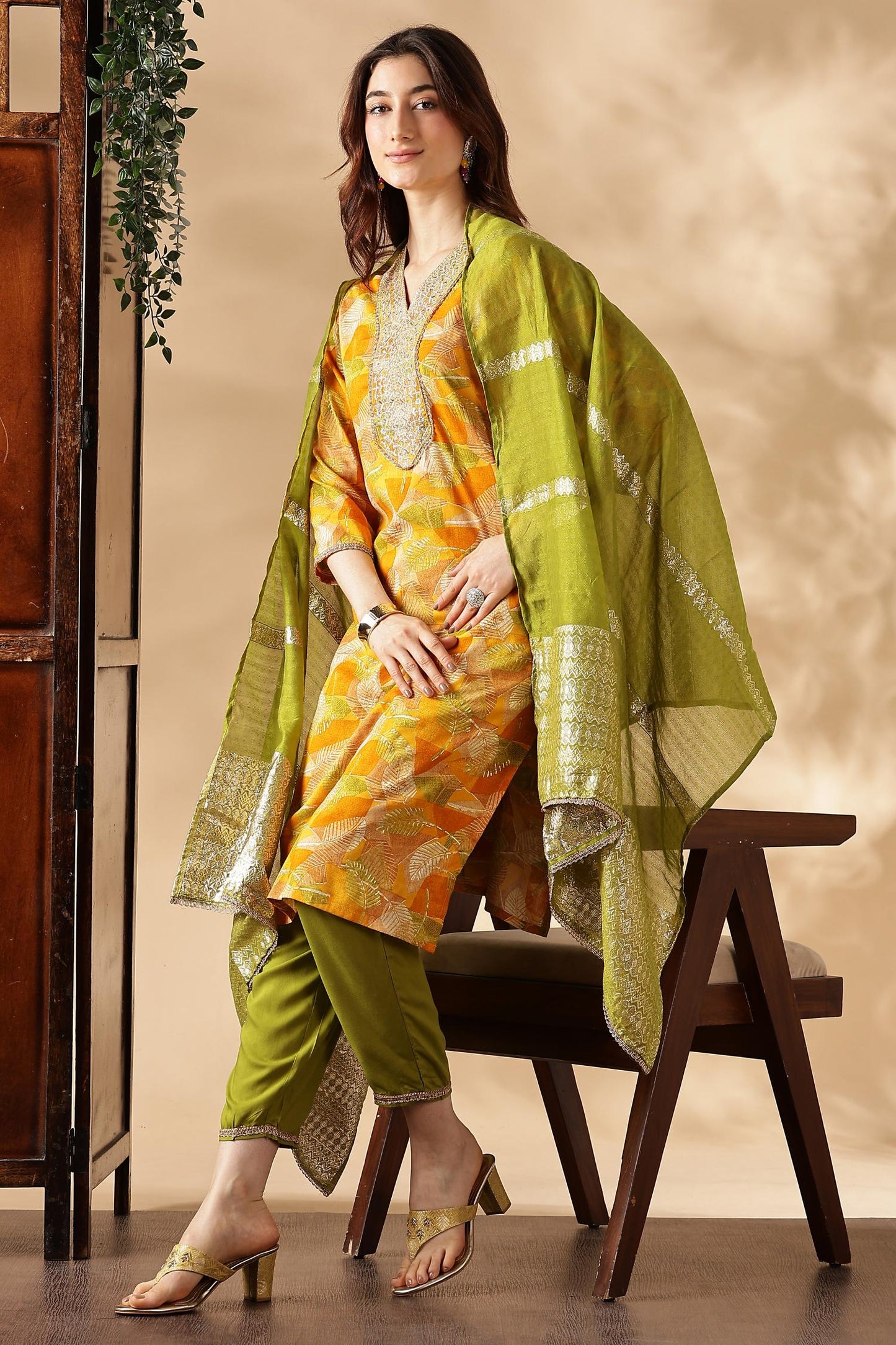 Mustard & Green Kurta,Pant with Pocket and Dupatta 3PCS Set - LP