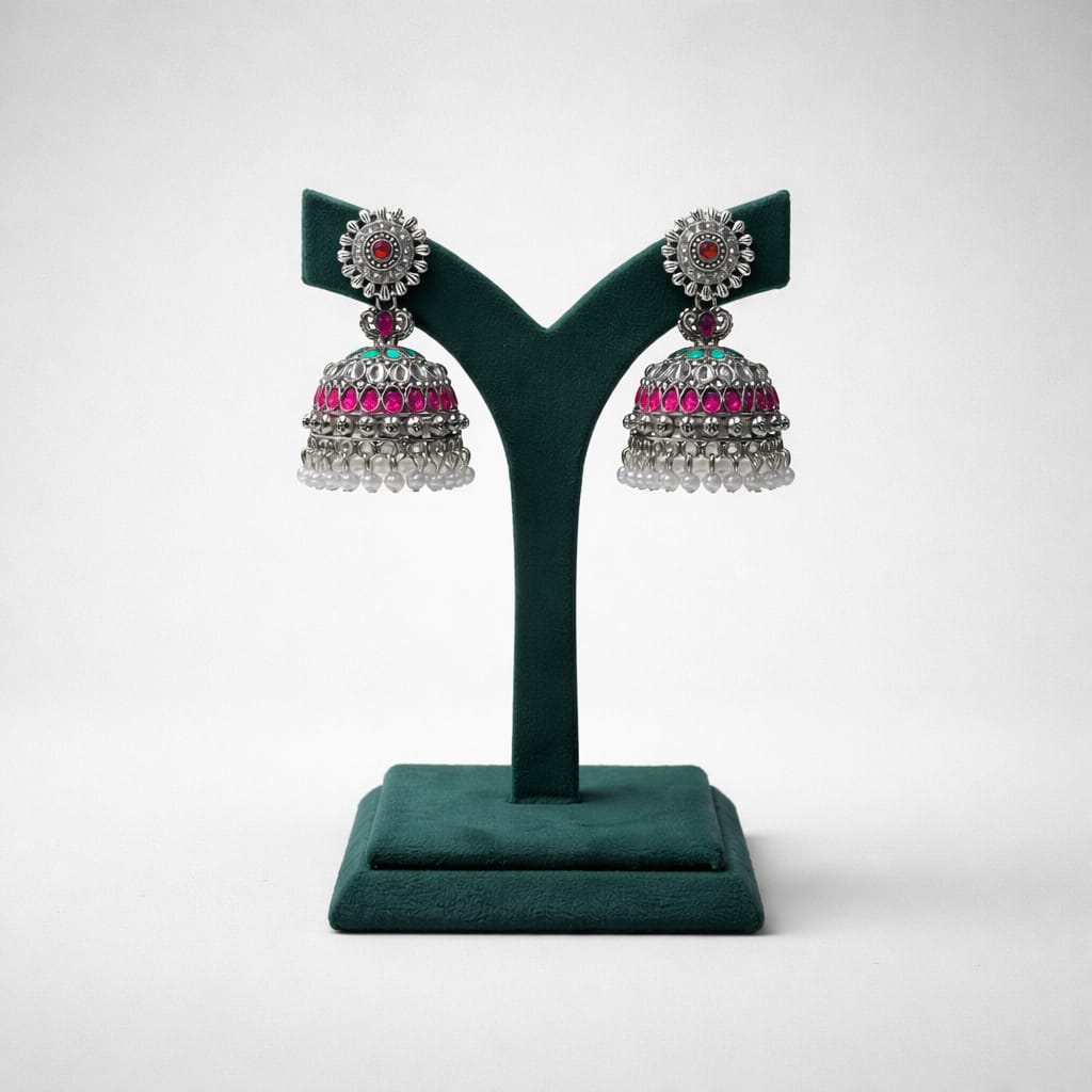 Oxidised Silver Polki & Pink Stone Jhumka Earrings LP- 48Hr Delivery