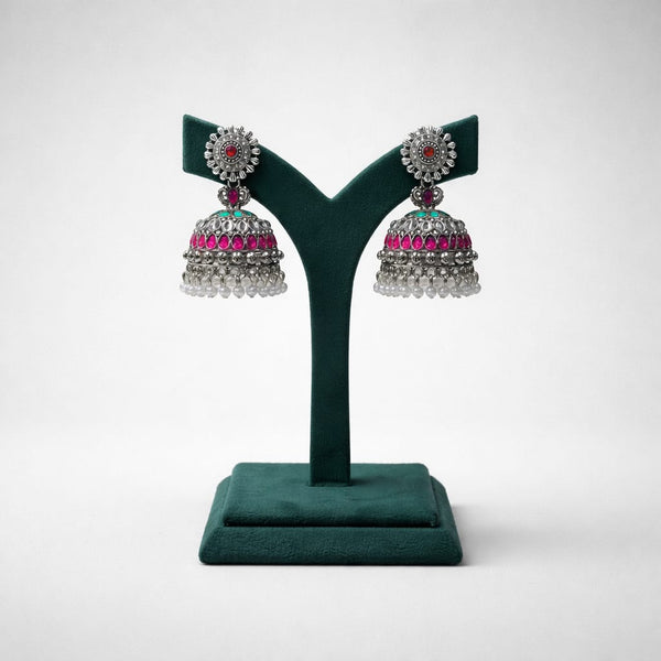 Oxidised Silver Polki & Pink Stone Jhumka Earrings LP- 48Hr Delivery