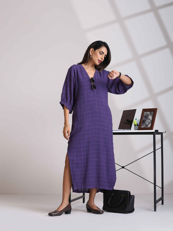 trueBrowns Purple Cotton Dobby Slit Dress LP