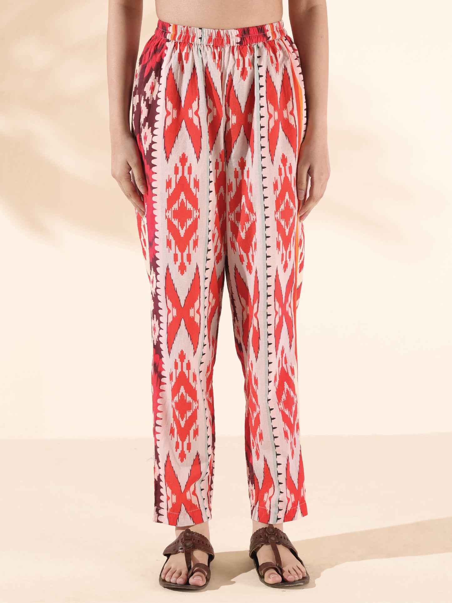 trueBrowns Maroon Cotton Ikat Slit Kurta Pant Set