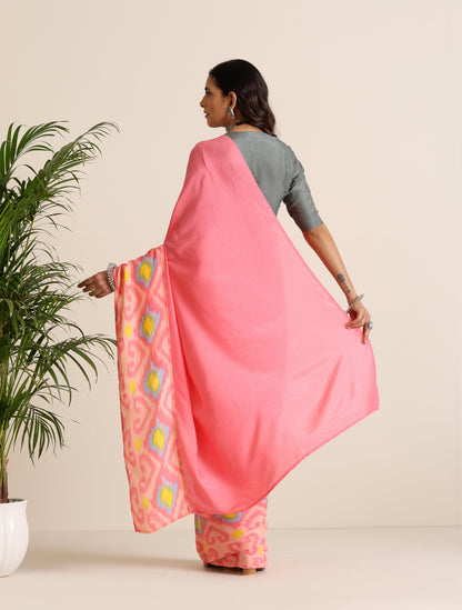 trueBrowns Pink Lime Muslin Ikat Ready to Wear Saree