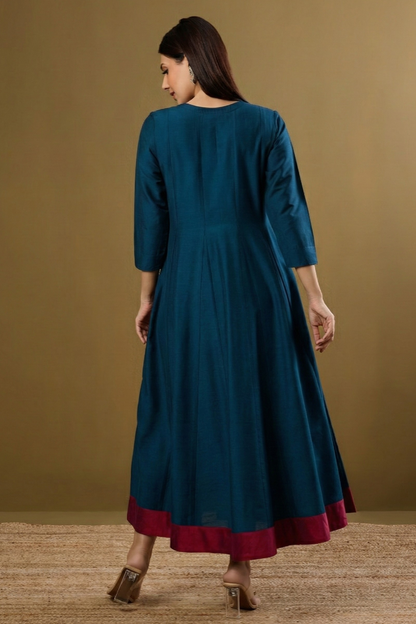 Maati Peacock Plush Luxe Silk Slub Long Maxi Dress With Sleeves