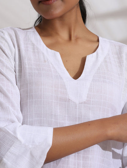trueBrowns White Cotton Check Kurta Co-ord Set