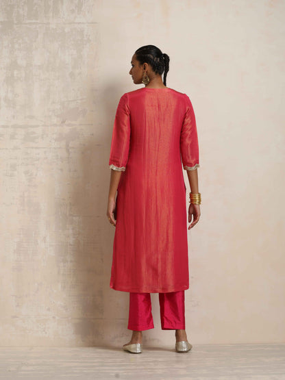 trueBrowns Hot Pink Tissue Straight Kurta Set