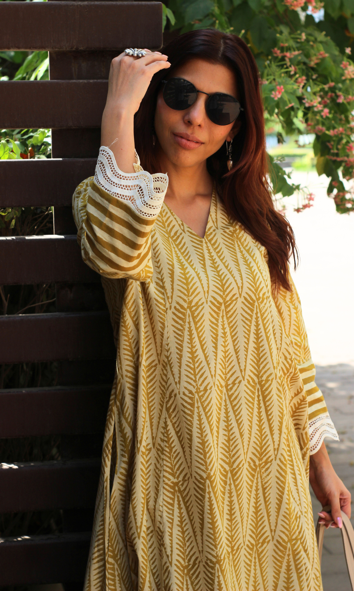 Baareeki Cotton Handblock Mustard Leafline A line , Laced Sleeve Kurta with Pants