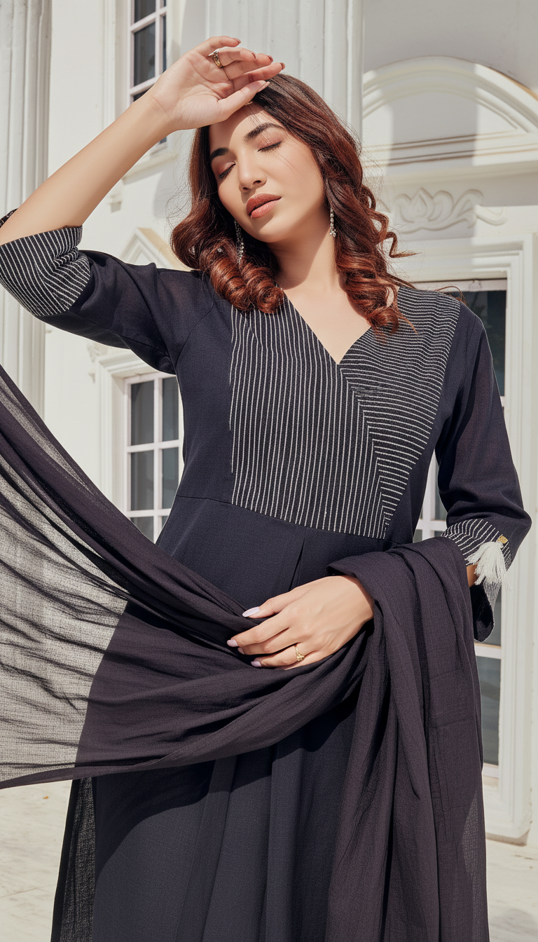 Black Cotton Slub Kurta,Pant and Dupatta 3PCS Set - LP