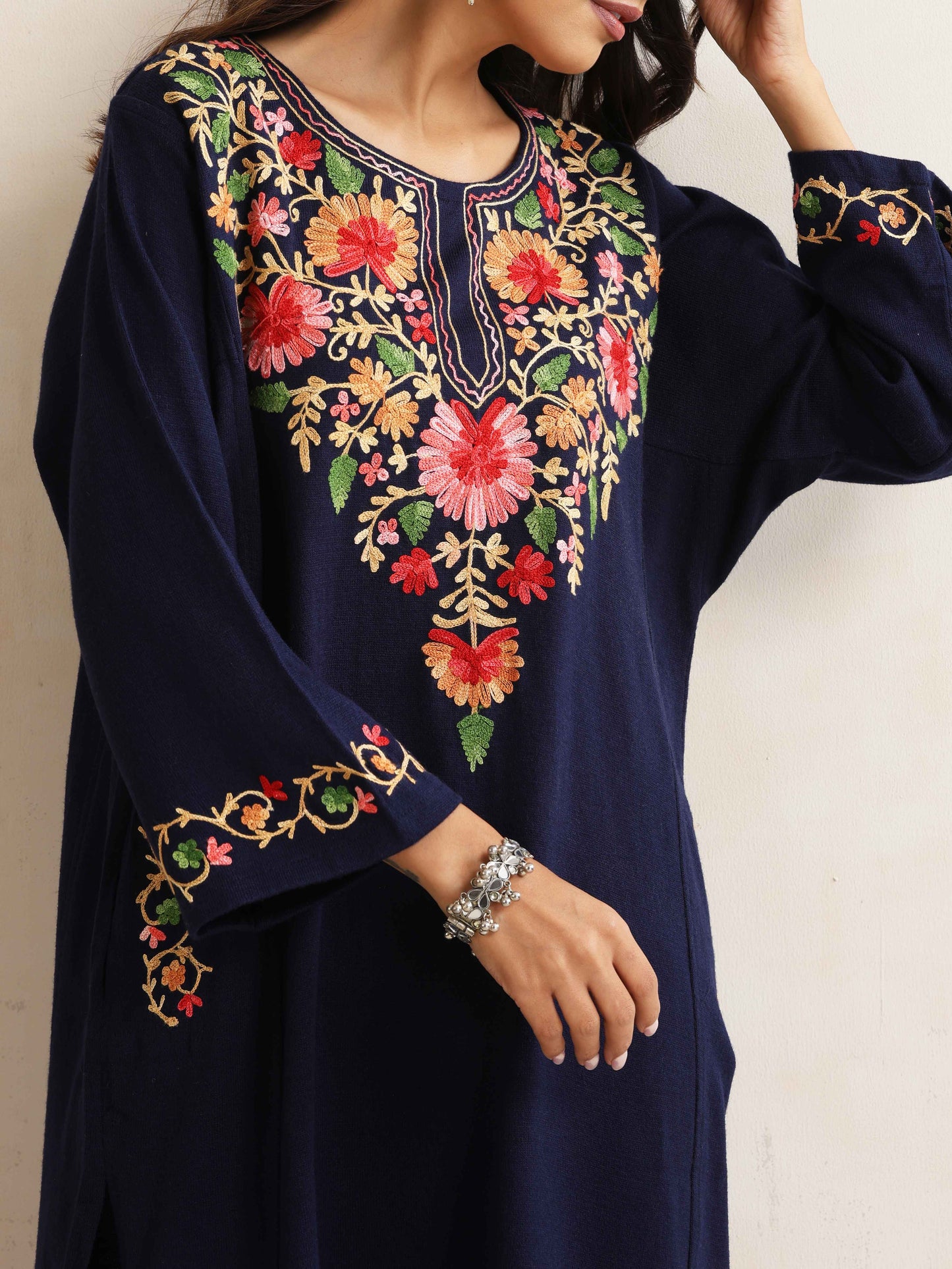trueBrowns Blue Floral Embroidered Woollen Phiran Kurta