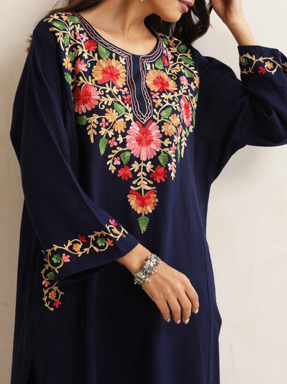 trueBrowns Blue Floral Embroidered Woollen Phiran Kurta