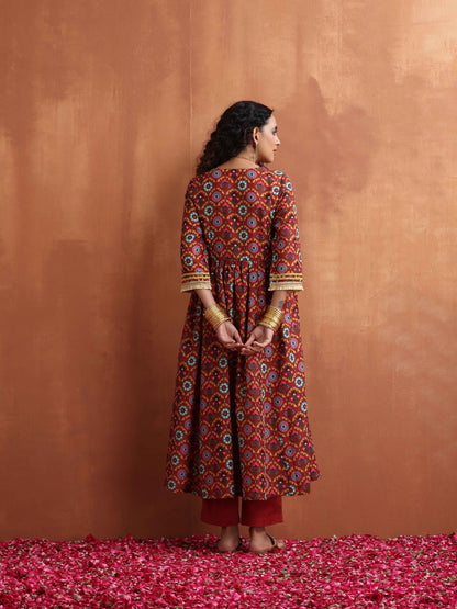 trueBrowns Maroon Print Flared Anarkali Kurta Set