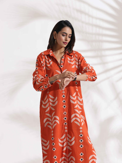 trueBrowns Orange Cotton Print Shirt Dress