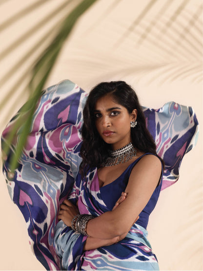 trueBrowns Blue Purple Muslin Ikat Saree