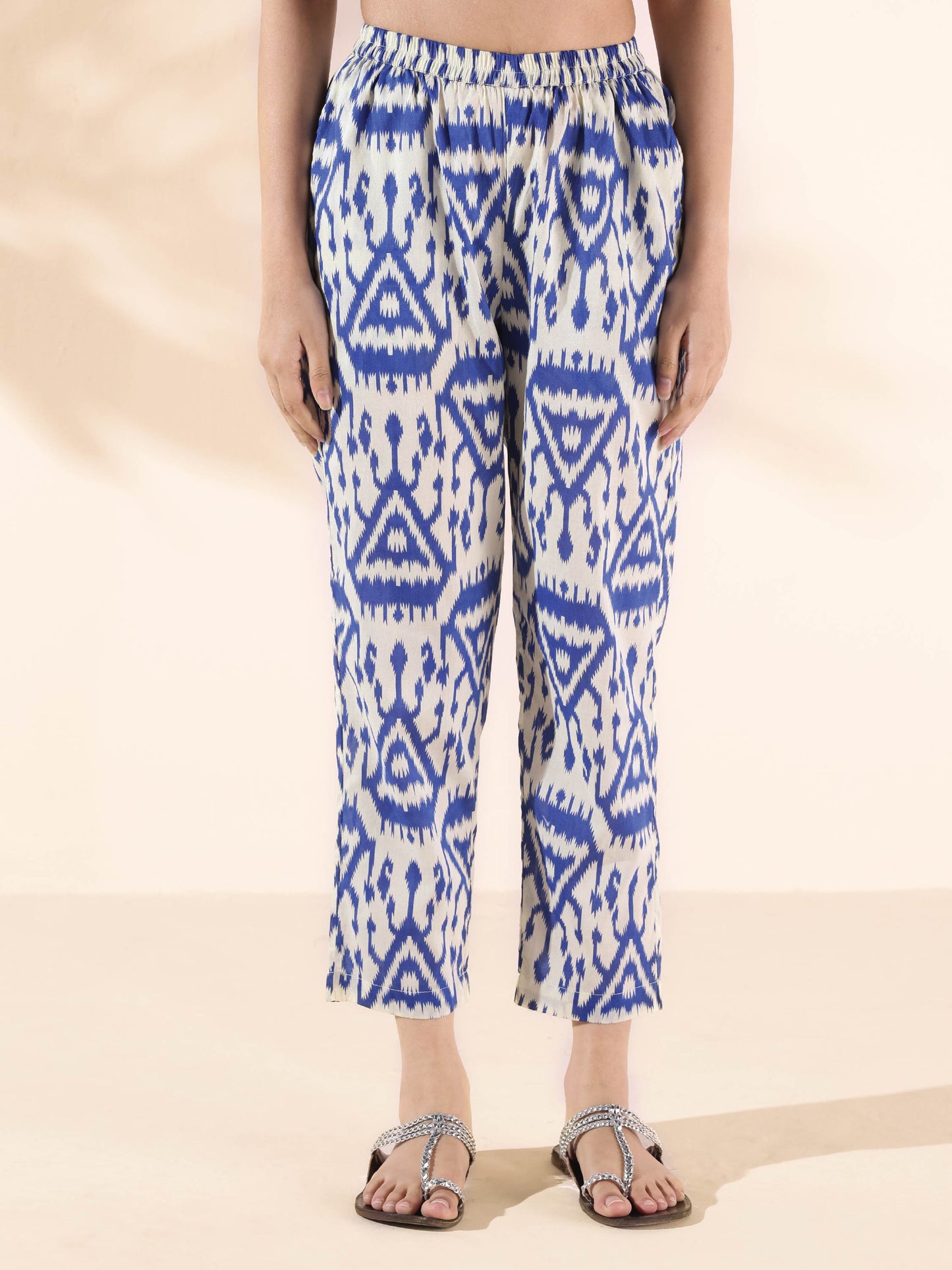 trueBrowns Blue Cotton Ikat High-Low Kurta Pant Set