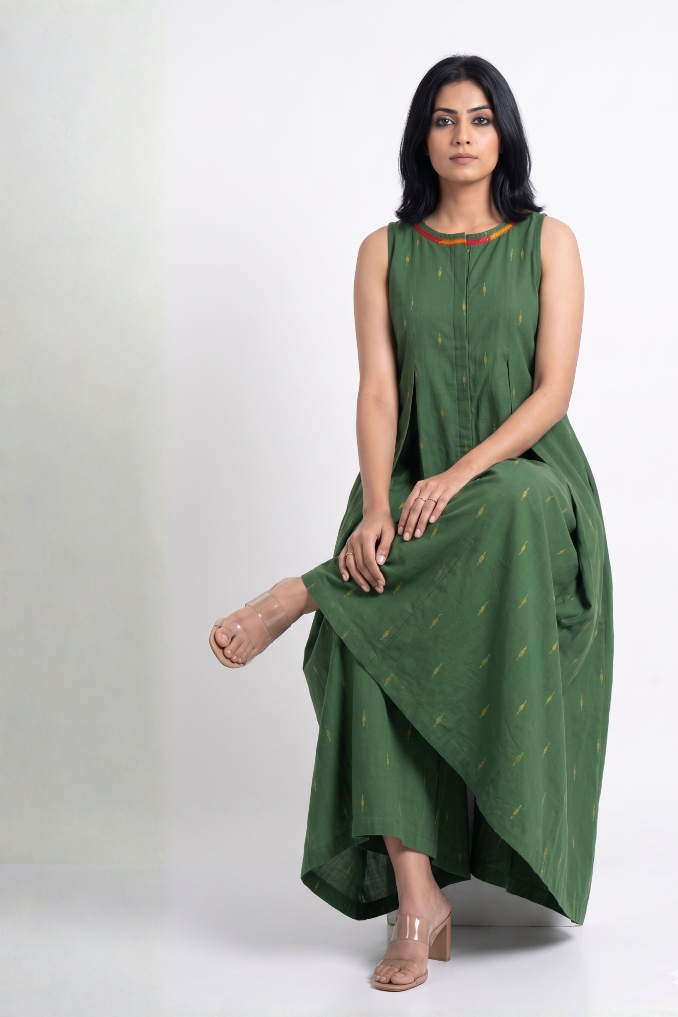 Moss Gold Butti Cotton Sleeveless Button Down Jumpsuit