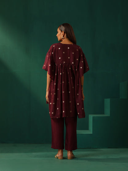 trueBrowns Wine Diamond Viscose Silk Waist Sleeve Gathered Co-ord Set