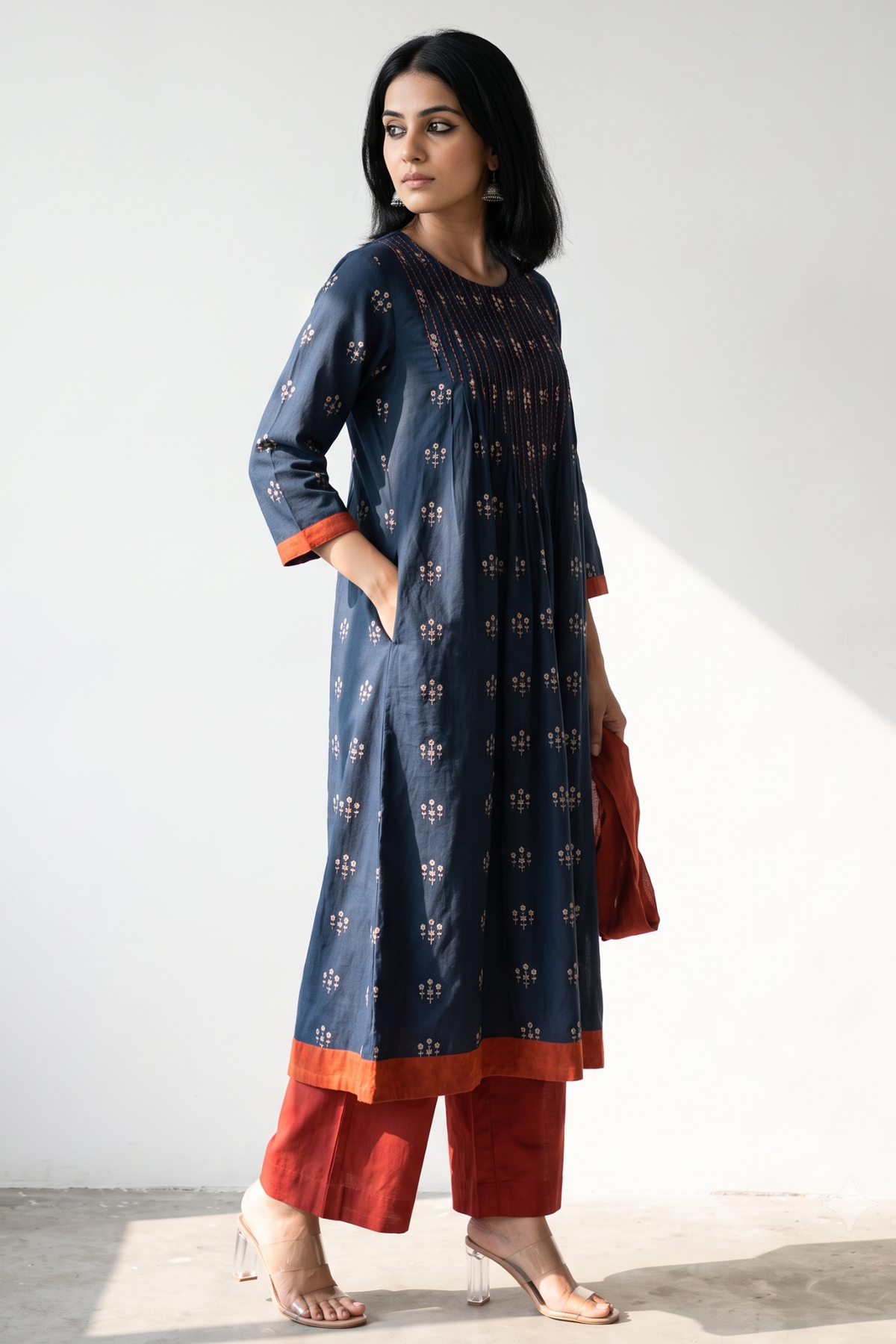 Navy Floral Bunch Cotton Kurta Top With Pintuck Mc