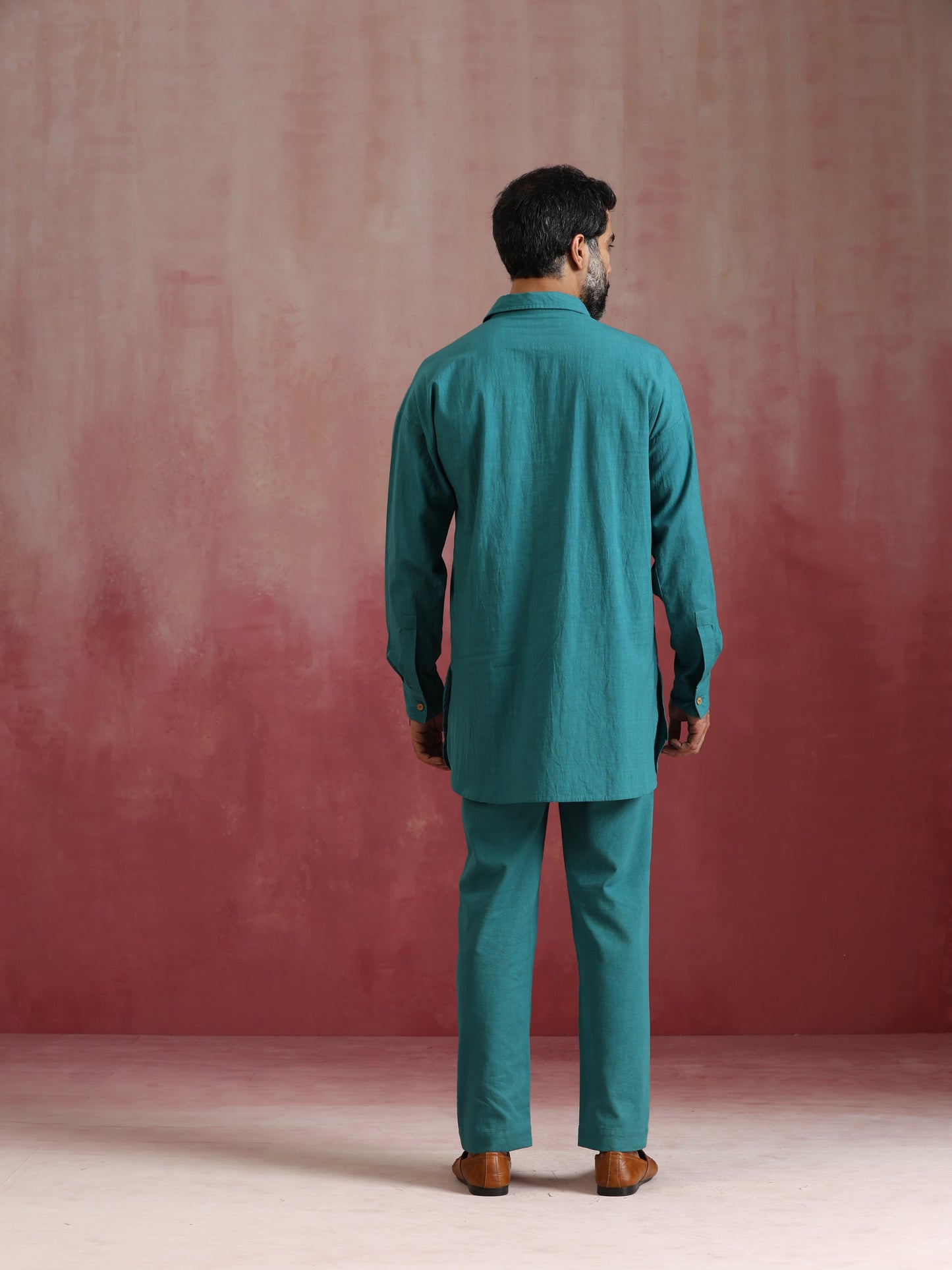 trueBrowns Men's Teal  Cotton Shirt Collar Stylized Kurta Co-ord set