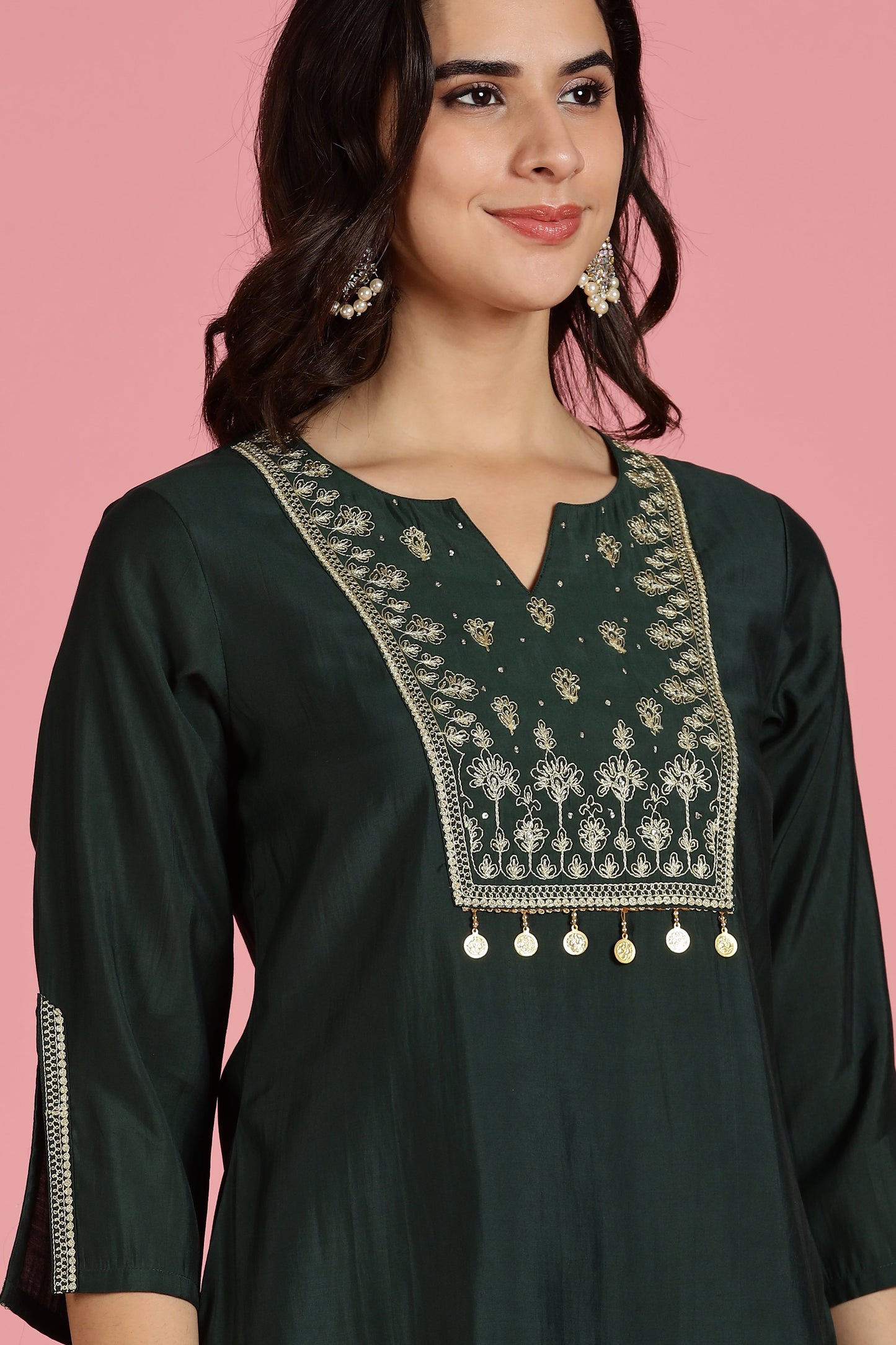 Chanderi Silk Bottle Green Kurta and Pants with Pocket  2PCS Set - LP