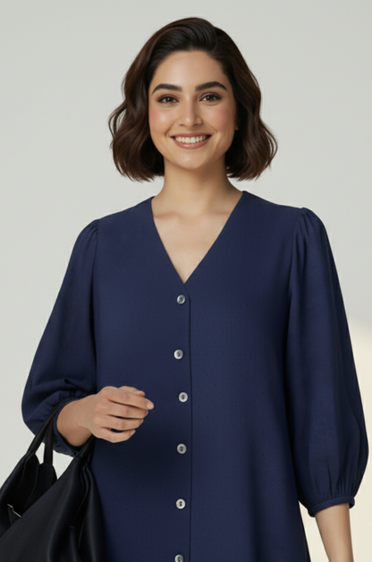 Maati  Cosmic Violet Front Button Cotton Dress With Ruffle Border