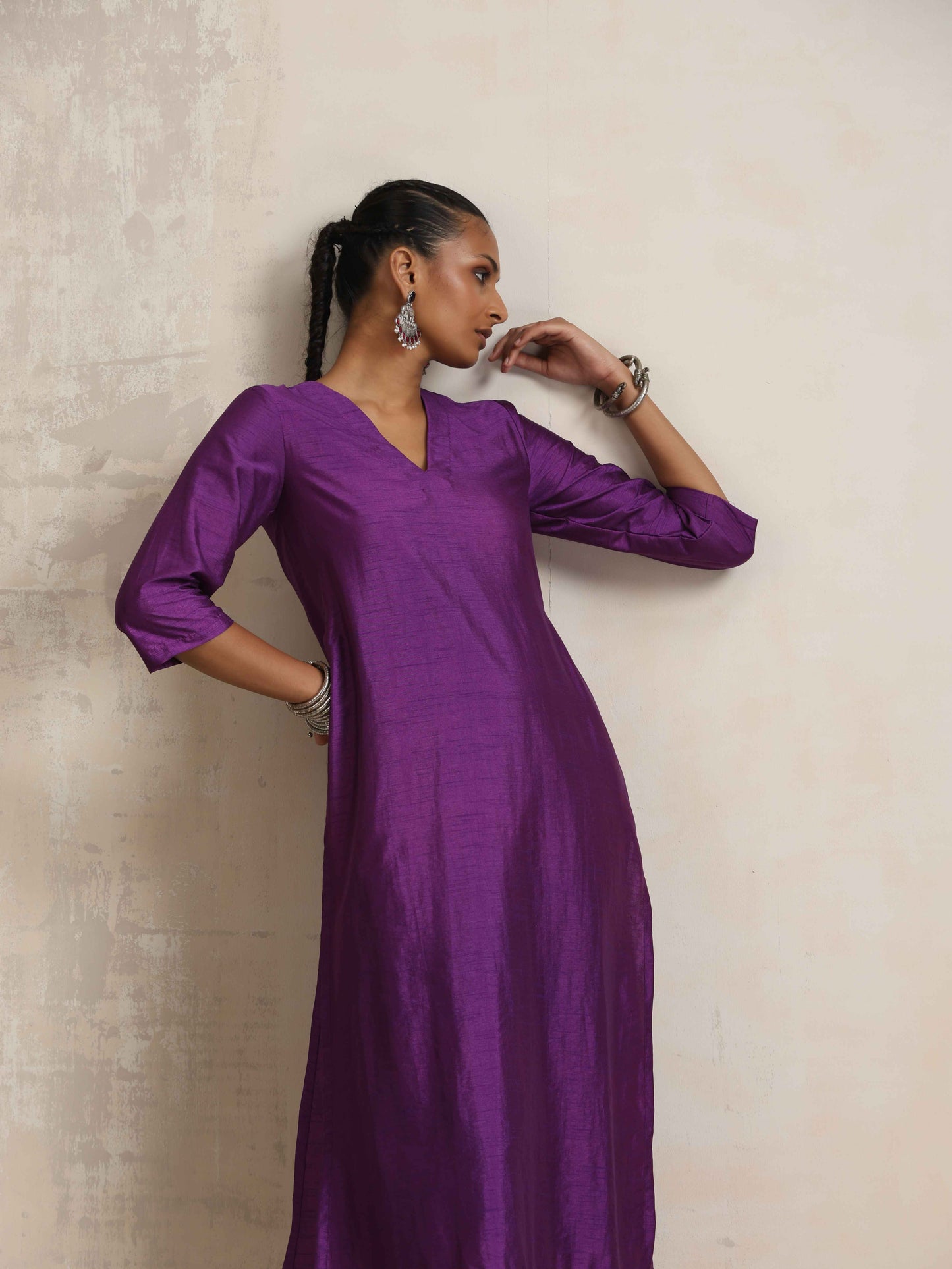 trueBrowns Purple Silk High Slit Kurta Set