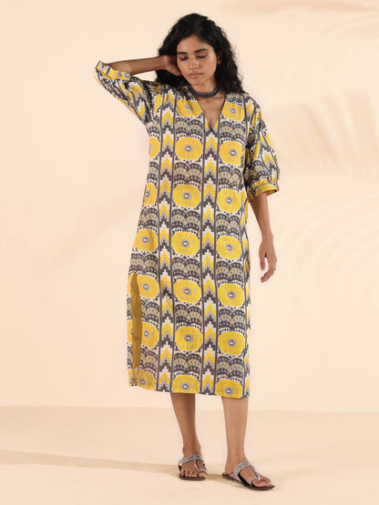 trueBrowns Yellow Cotton Ikat Slit Dress