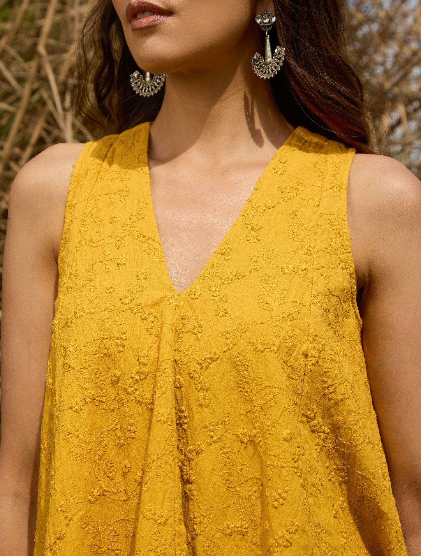 trueBrowns Mustard Cotton Embroidered Flared Co-ord Set