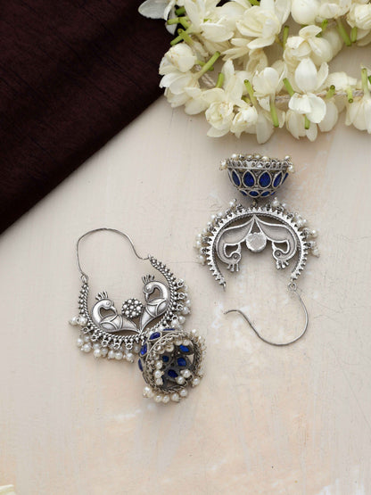 trueBrowns Silver Tone Peacock Jhumka Earrings