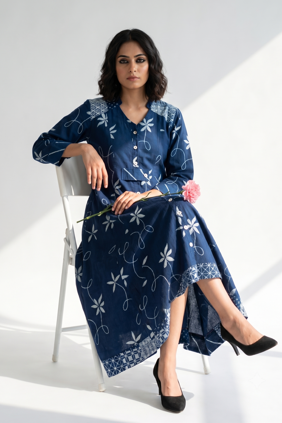 Indigo Vine Trail Cotton Long Button Down Dress